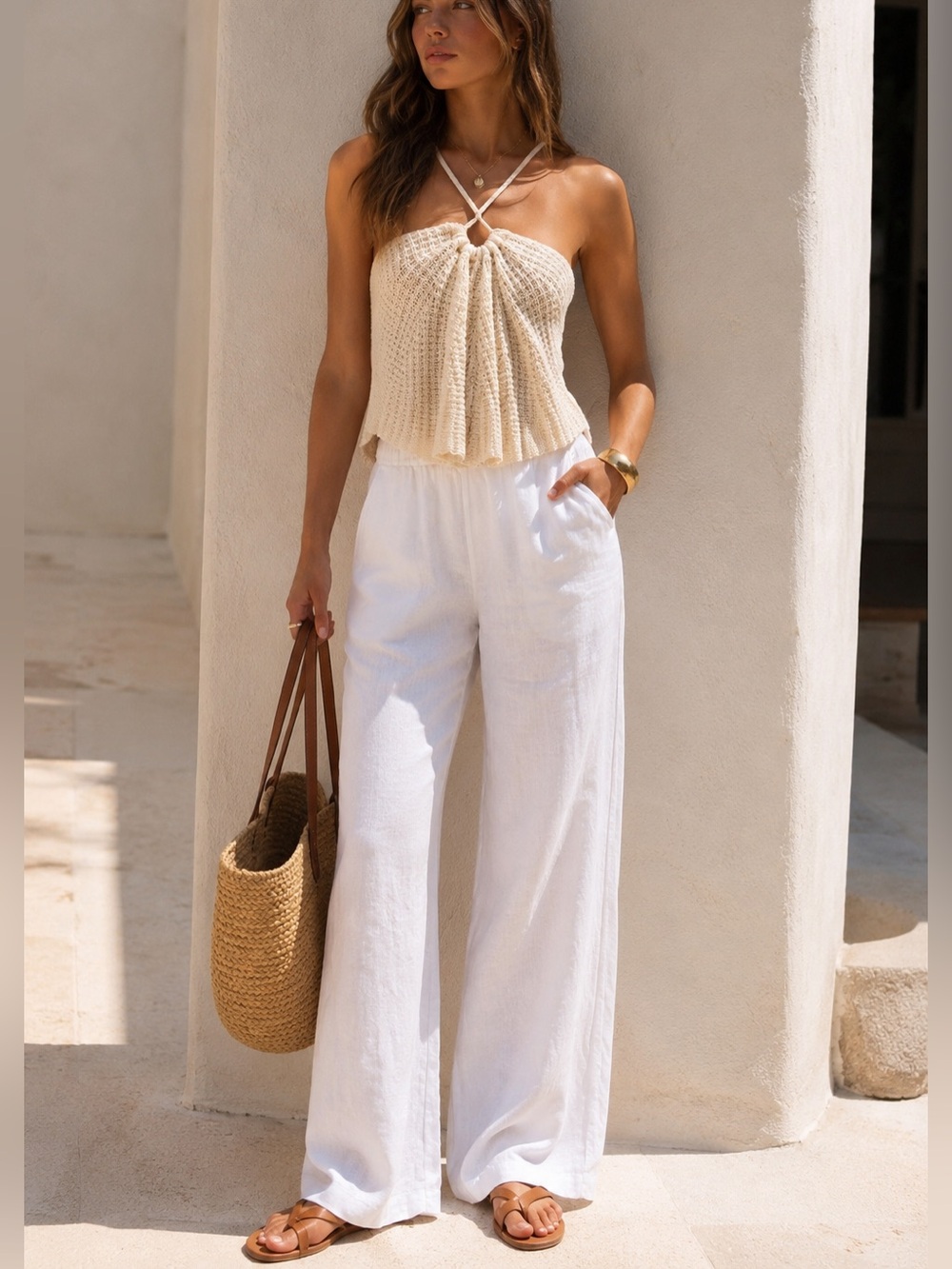 Cream Crochet Halter Open Back crotchet Top M Coastal Cowgirl Resort euro summer